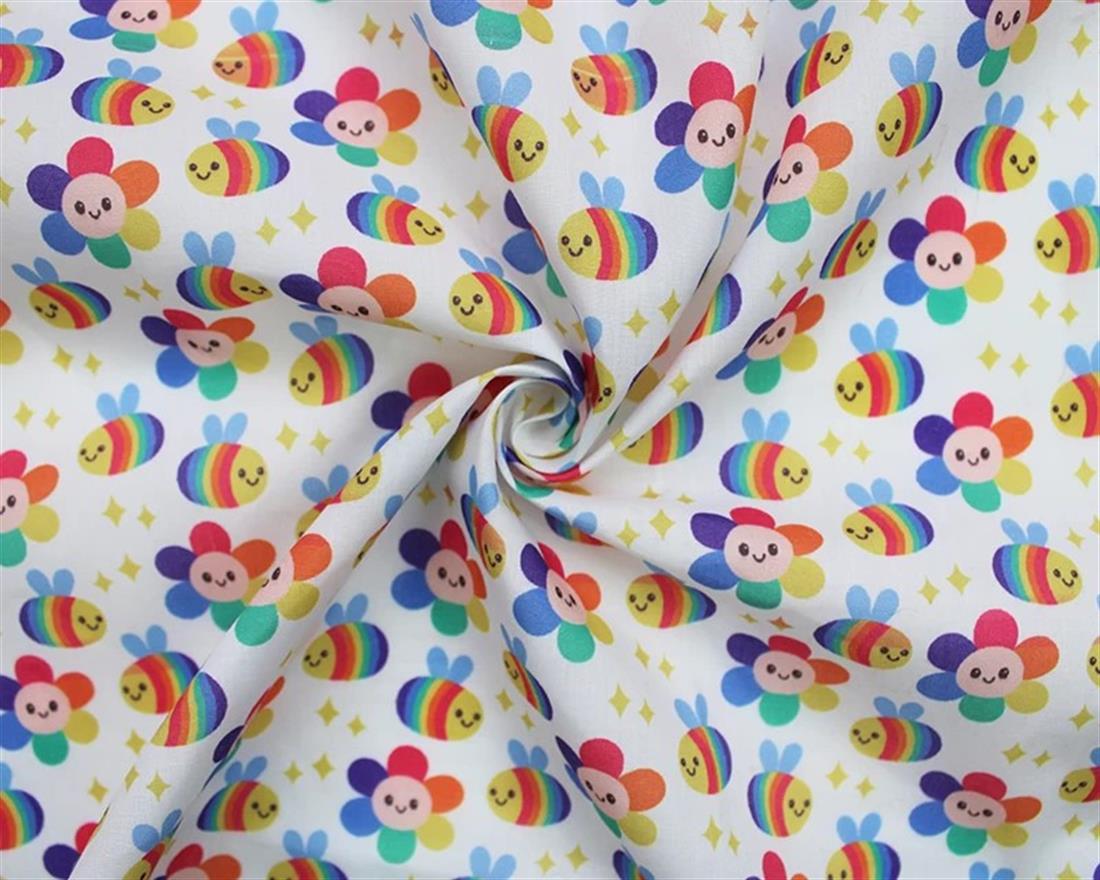 White MP Digital Polycotton Rainbow Bees A Colourful Fabric