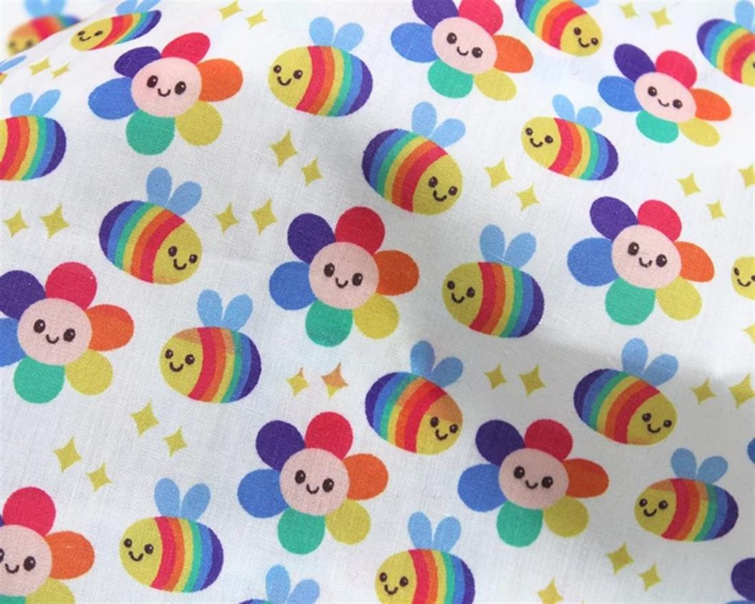 White MP Digital Polycotton Rainbow Bees A Colourful Fabric