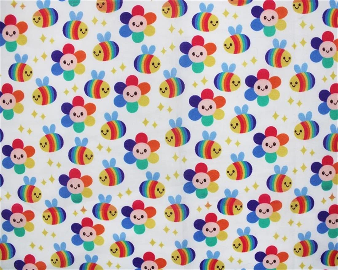 White MP Digital Polycotton Rainbow Bees A Colourful Fabric