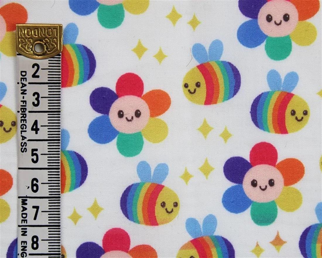 White MP Digital Polycotton Rainbow Bees A Colourful Fabric