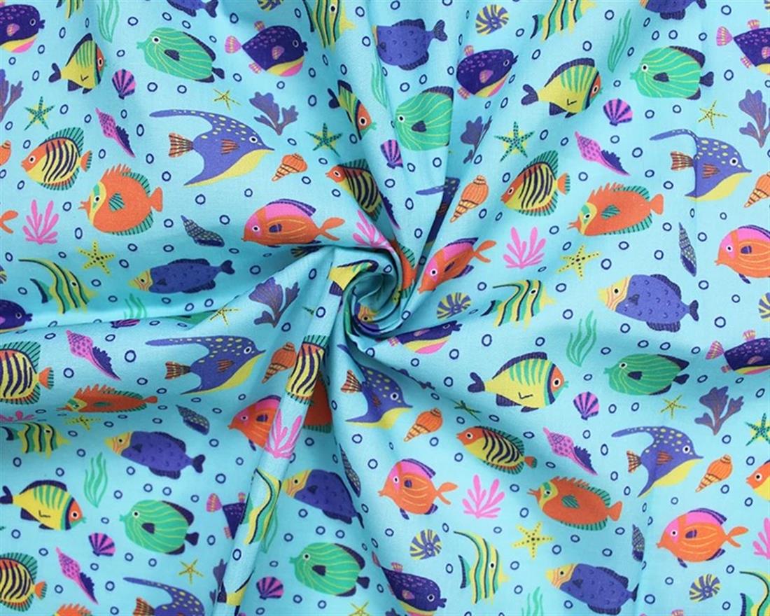 Blue MP Digital Polycotton Tropical Fish A Vibrant Fabric