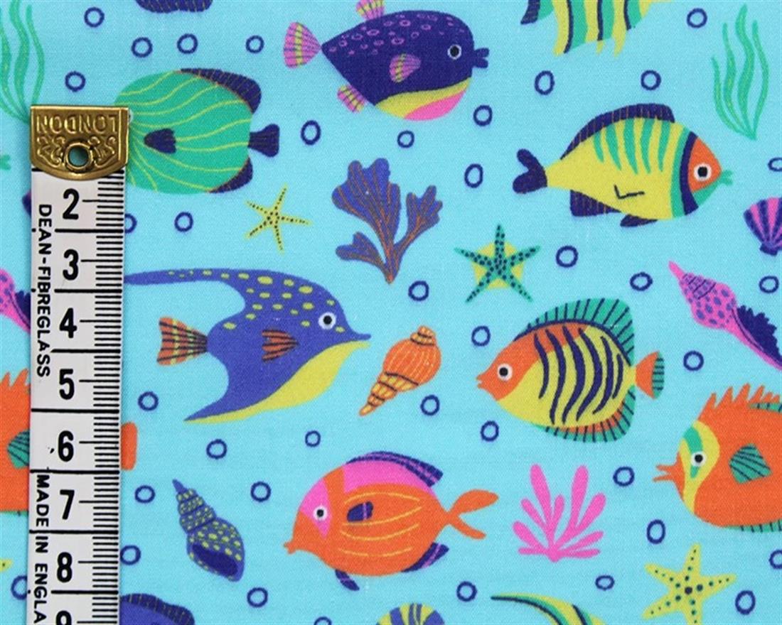 Blue MP Digital Polycotton Tropical Fish A Vibrant Fabric