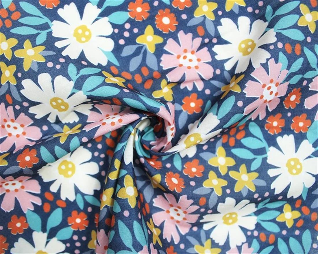 Navy Mindy Digital Polycotton Flowers Is a Durable Printed Fabric