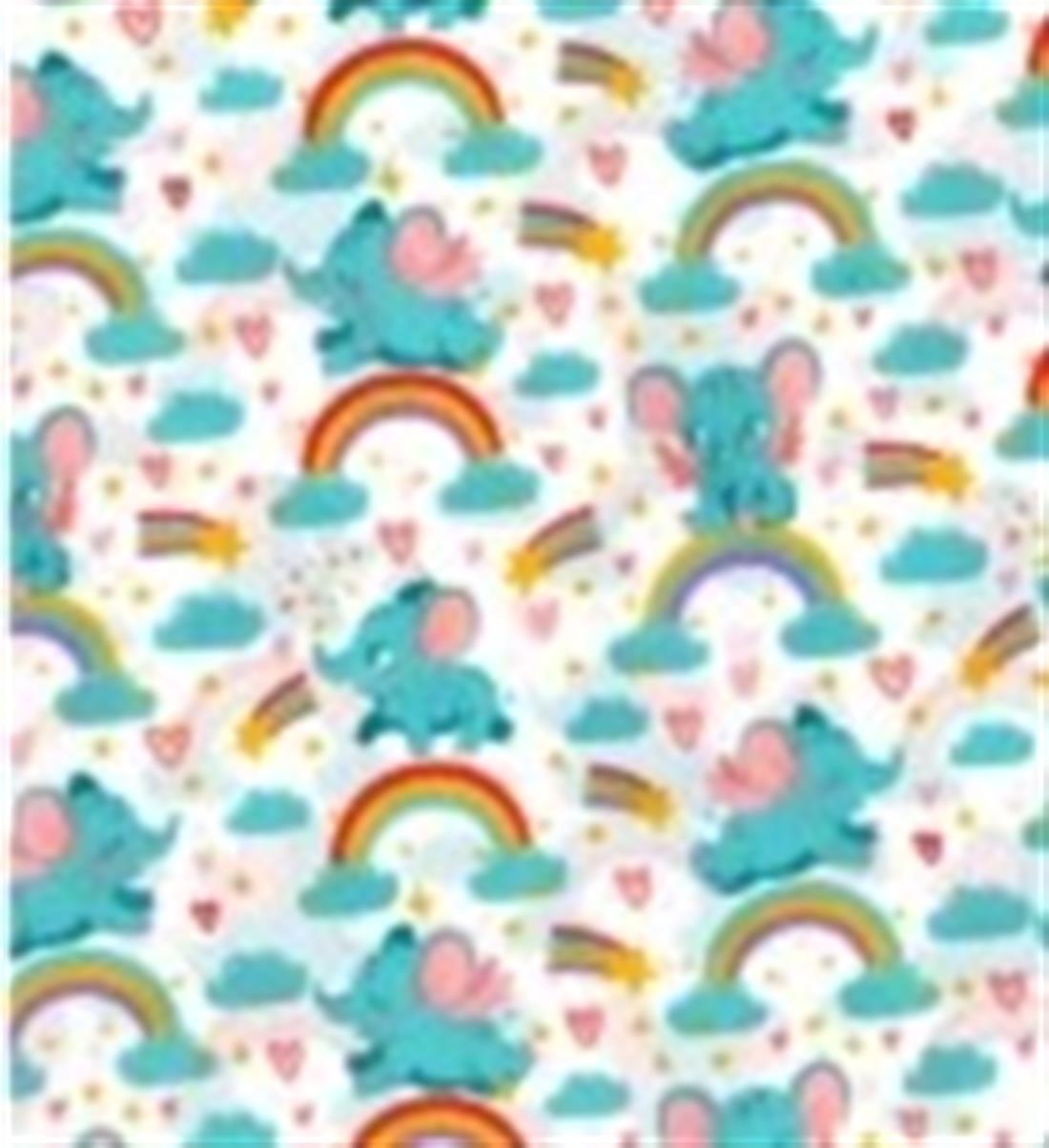 White Rainbow Elephants Printed Polycotton Fabric