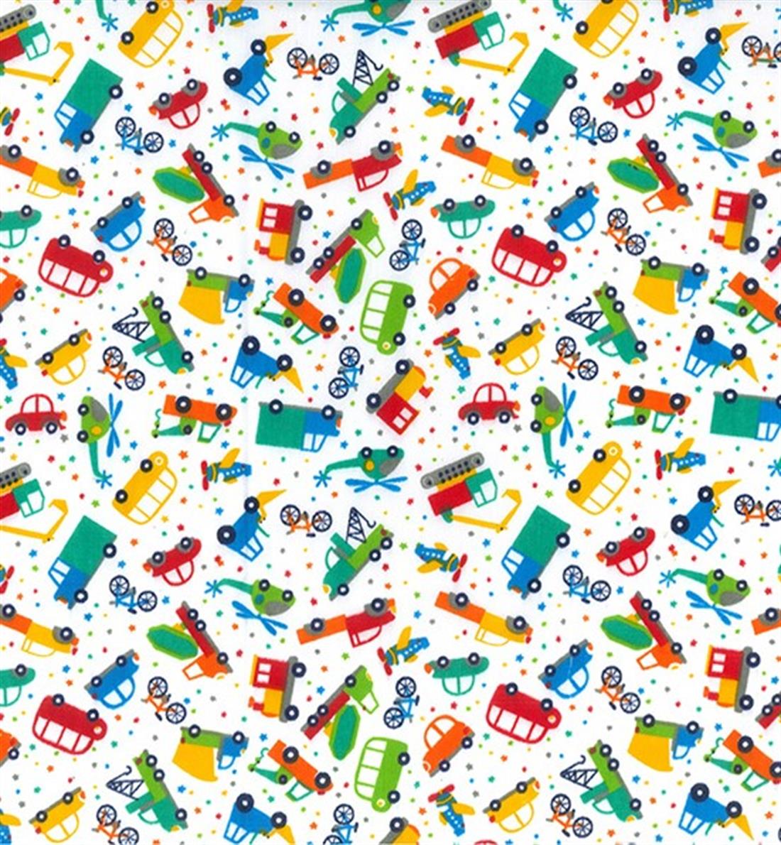 White Colourful Cars & Vehicles Printed Polycotton Fabric