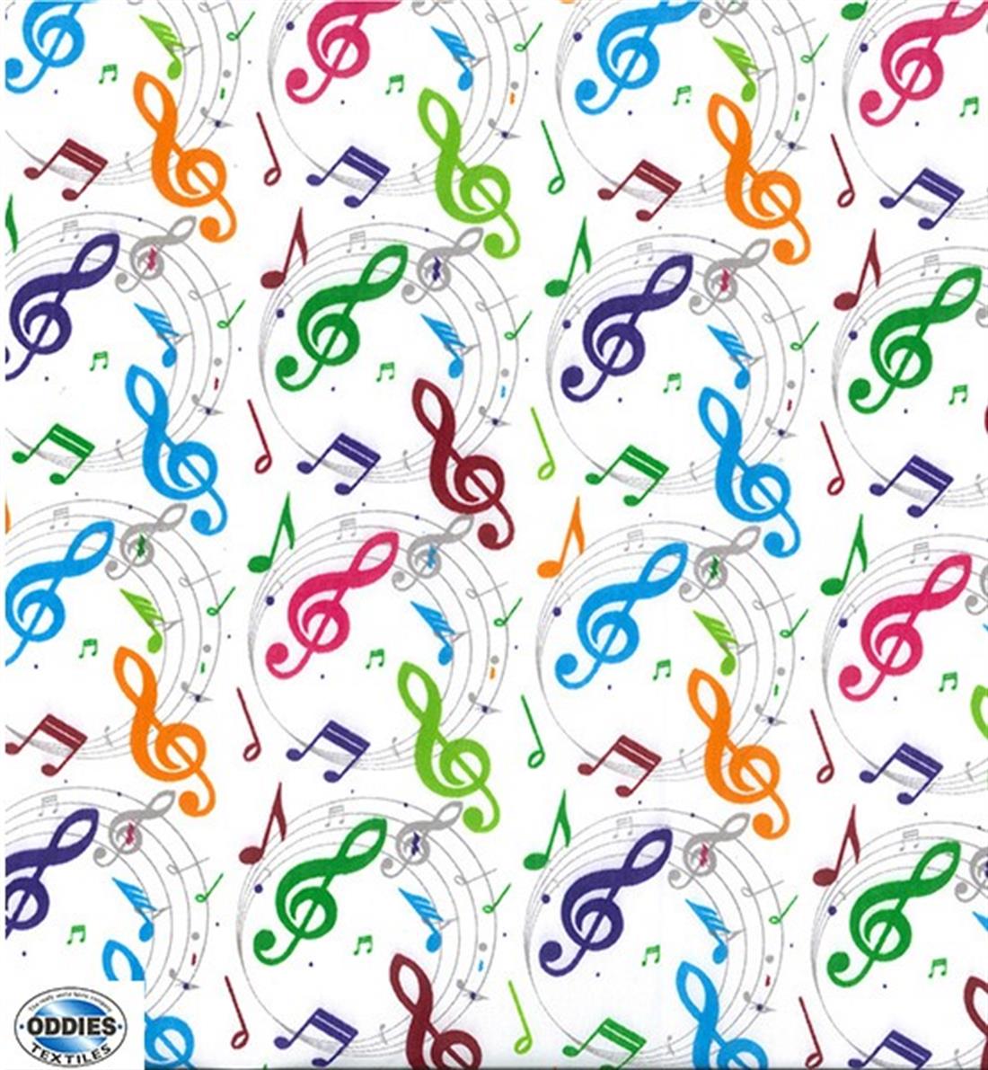 White Musical Notes Printed Polycotton Fabric