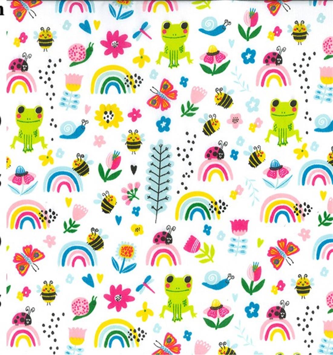 White Rainbow Garden Printed Polycotton Fabric