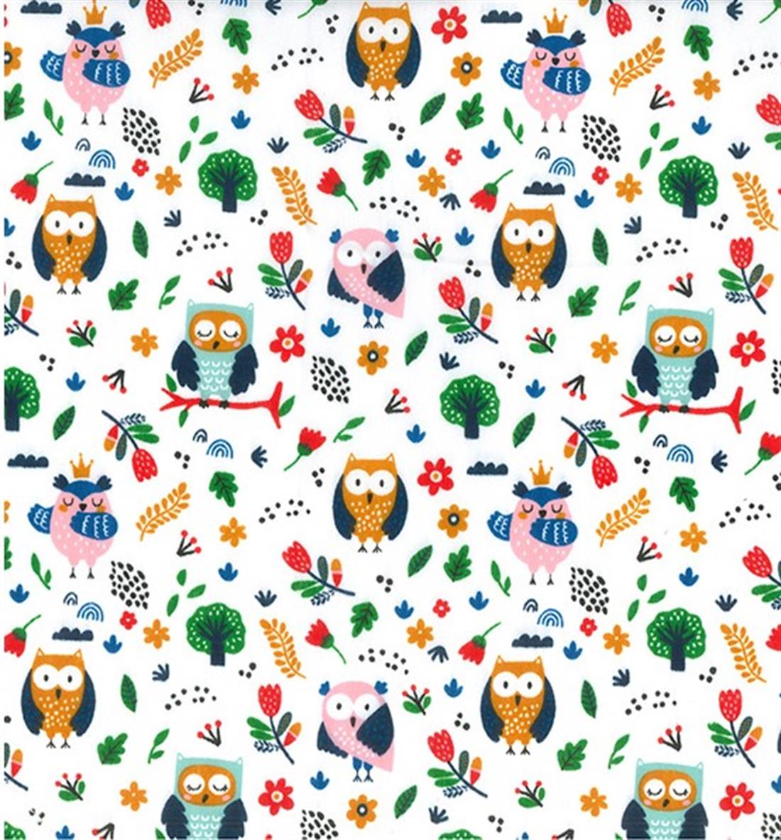 White Owl Printed Polycotton Fabric