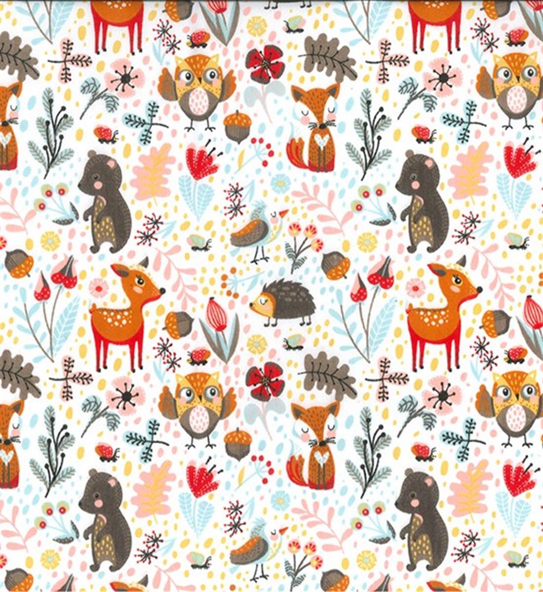 White Cartoon Animals Printed Polycotton Fabric
