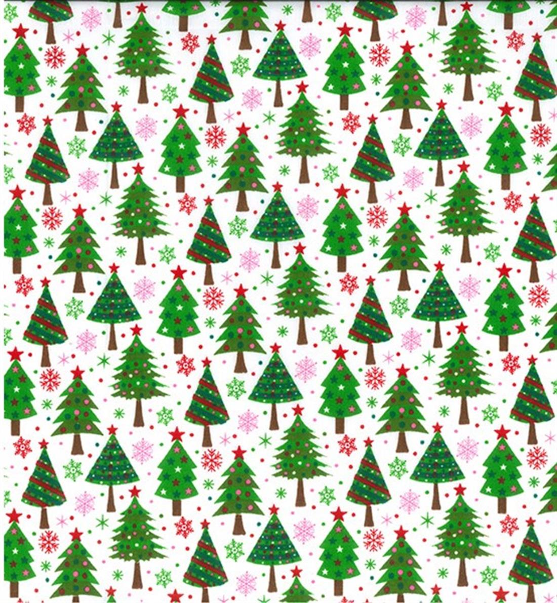 White & Green Christmas Trees Printed Polycotton Fabric