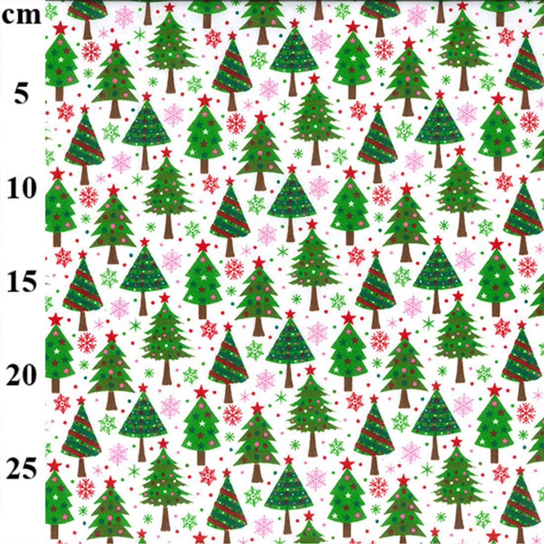 White & Green Christmas Trees Printed Polycotton Fabric