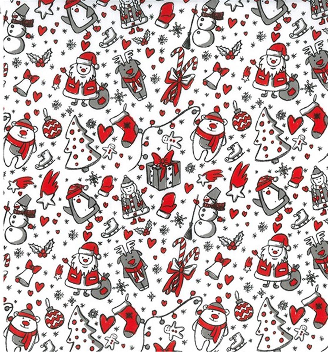 White & Red Winter Santa Penguin Printed Polycotton Fabric