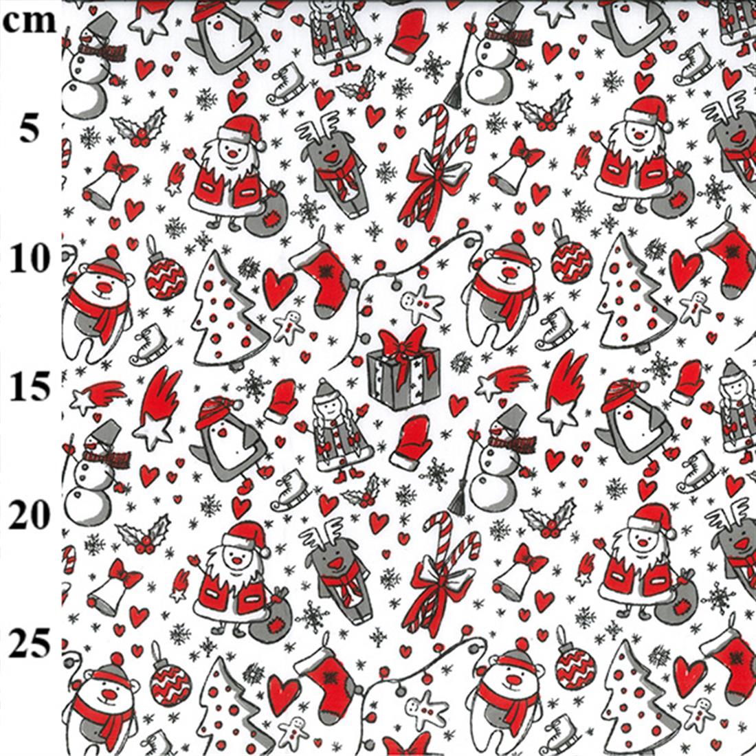 White & Red Winter Santa Penguin Printed Polycotton Fabric