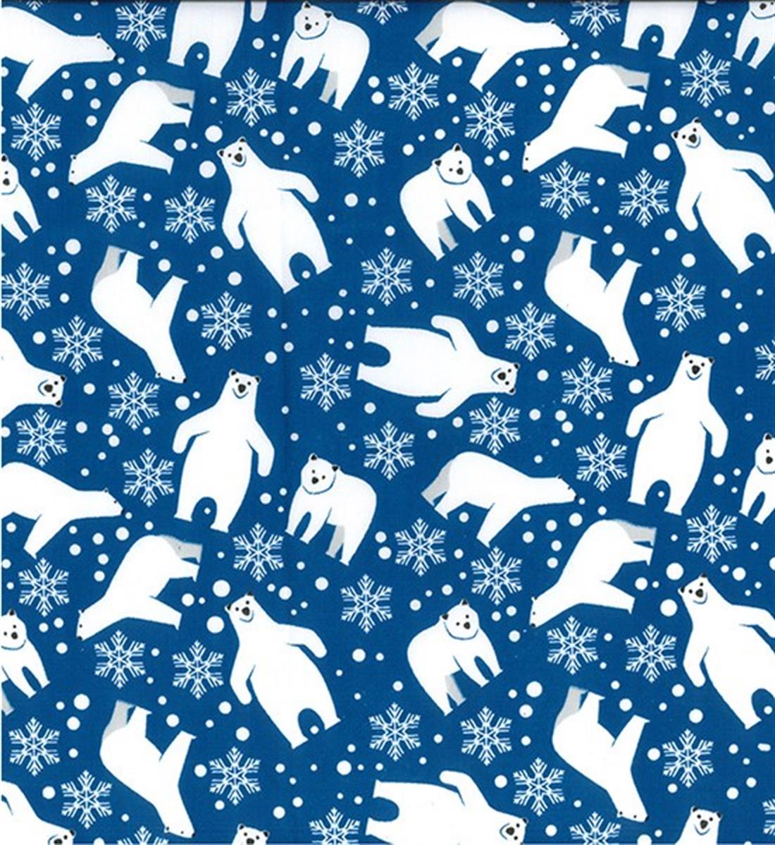 Blue Bear Snowflakes Winter Printed Polycotton Fabric
