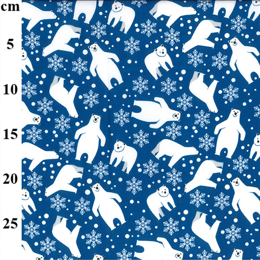 Blue Bear Snowflakes Winter Printed Polycotton Fabric