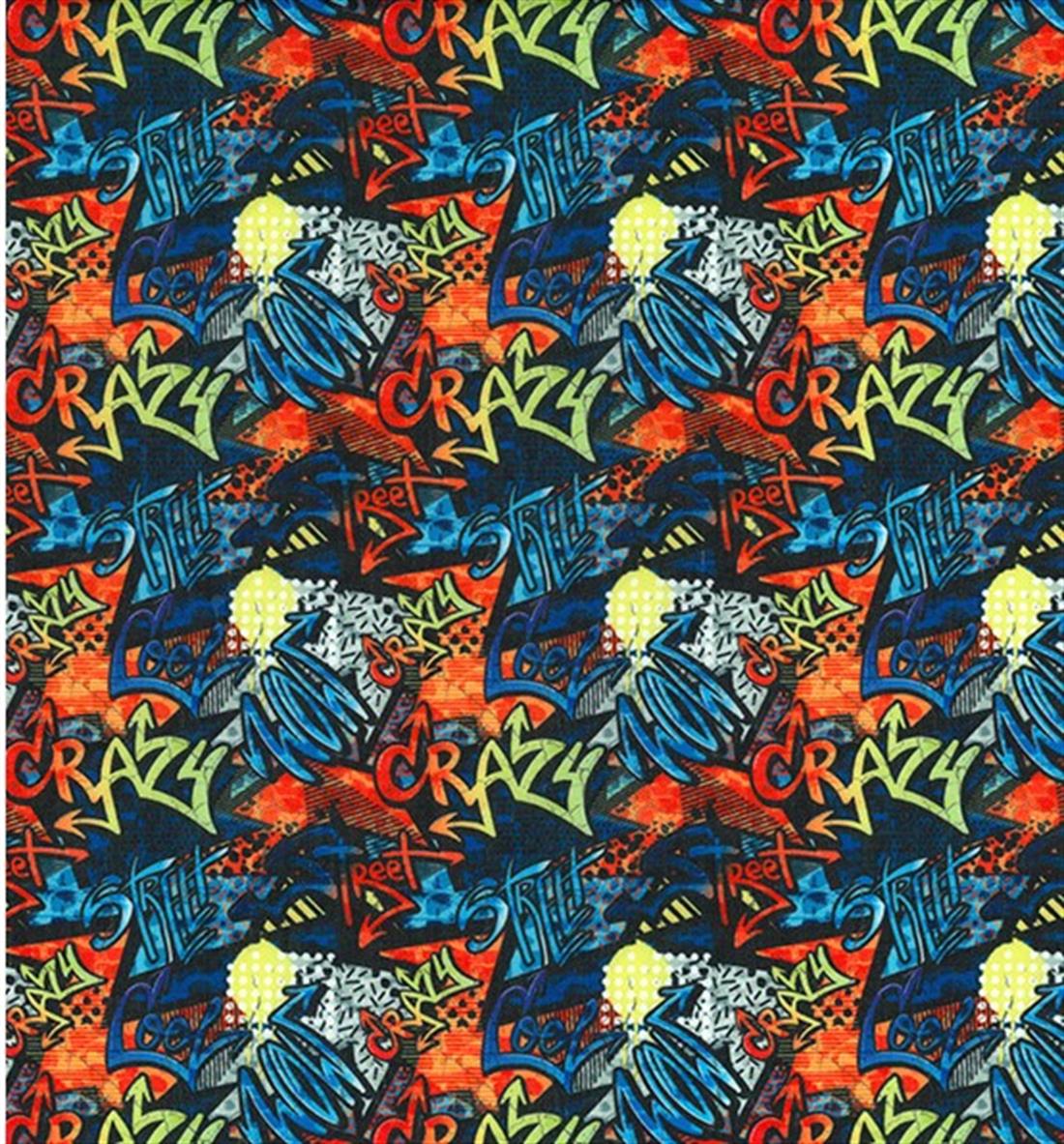 Navy Graffiti Words Printed Polycotton Fabric