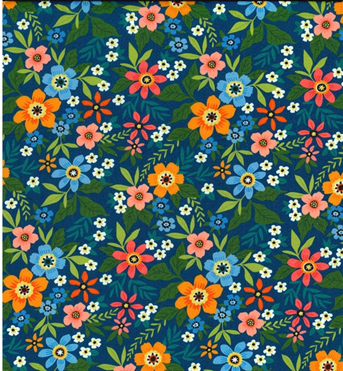 Navy Floral Lawes Printed Polycotton Fabric