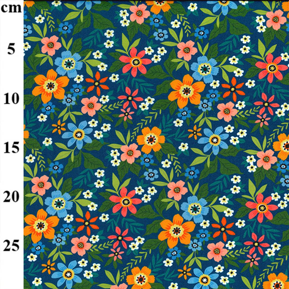 Navy Floral Lawes Printed Polycotton Fabric