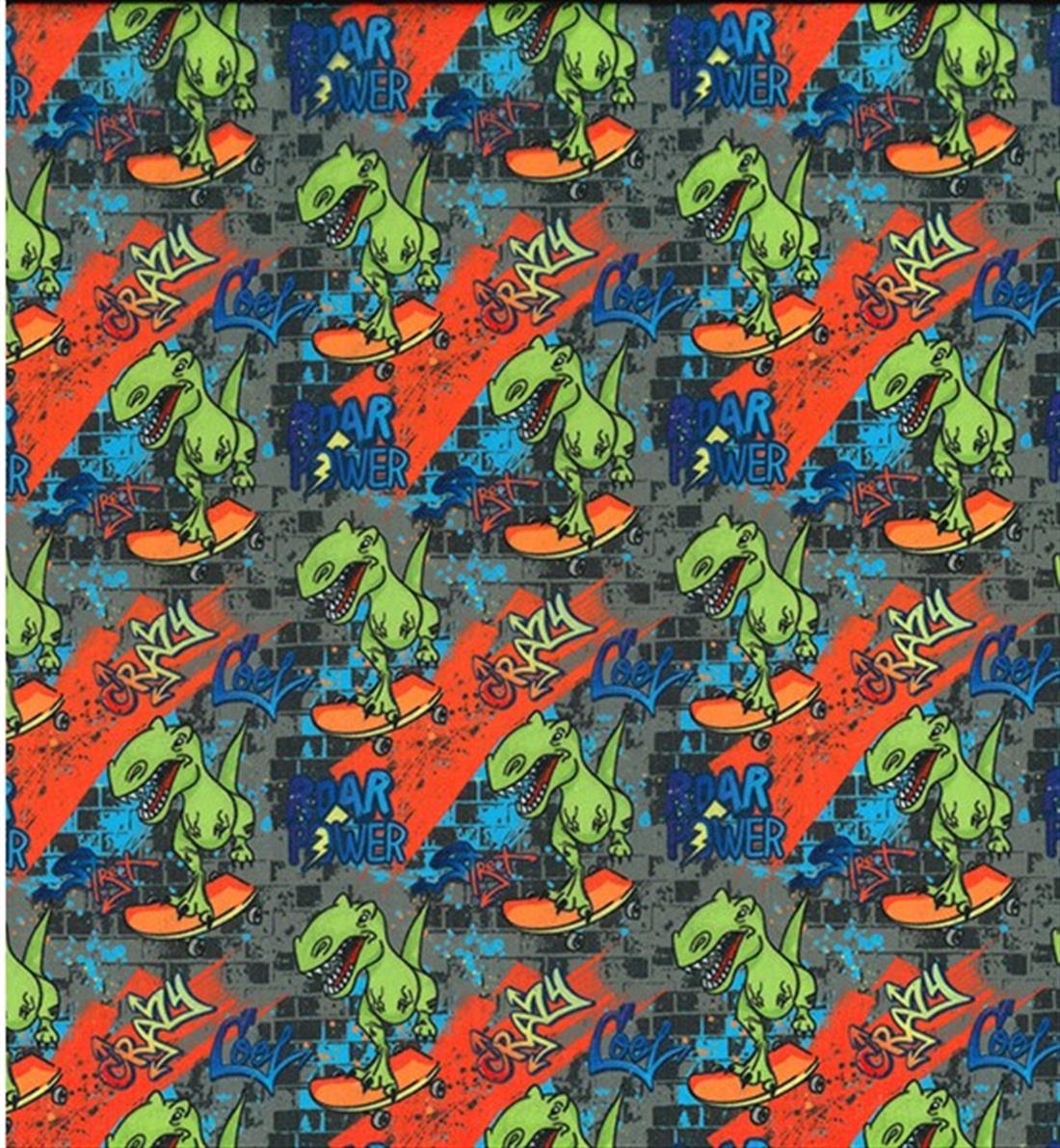 Navy Skateboarding Dinosaur Printed Polycotton Fabric