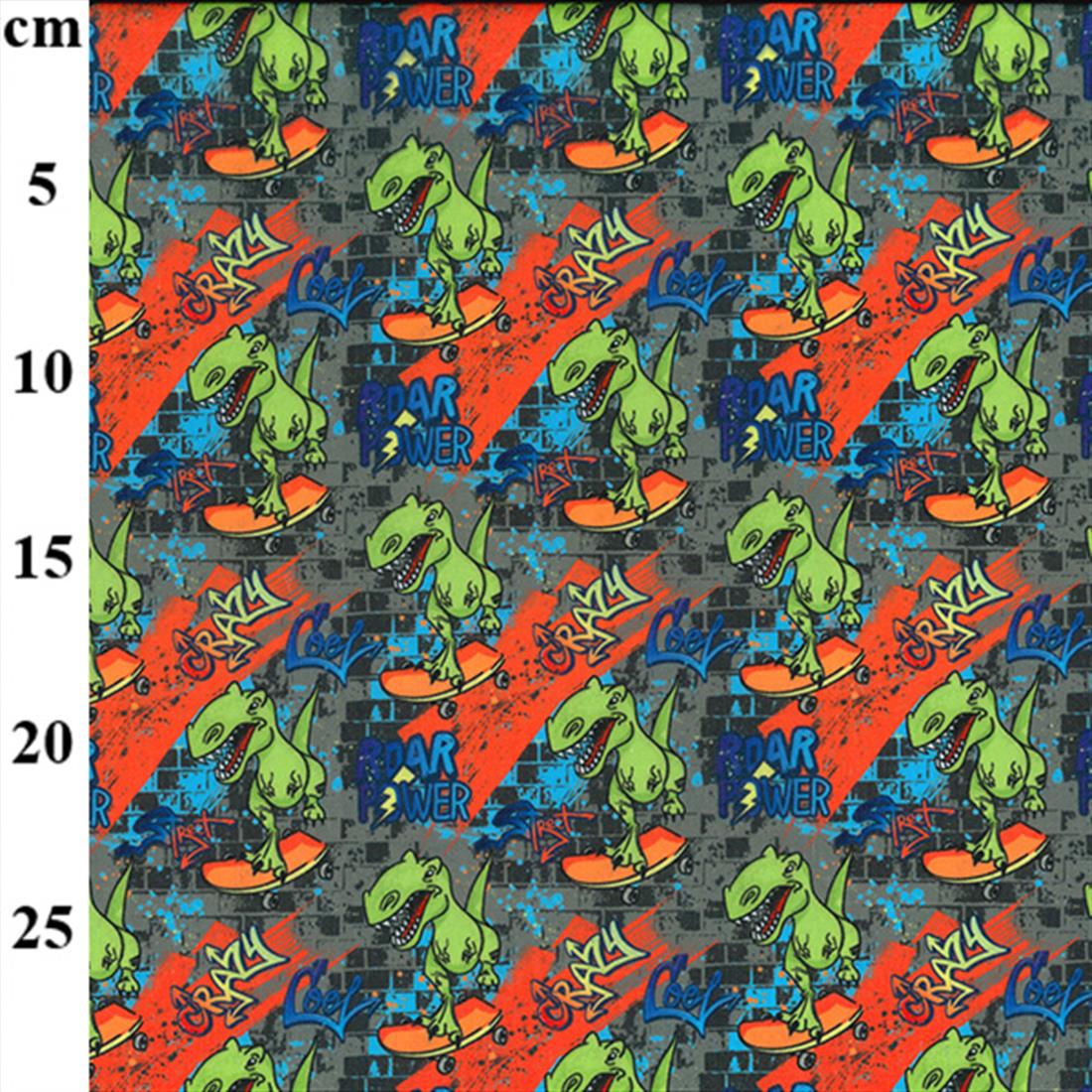 Navy Skateboarding Dinosaur Printed Polycotton Fabric