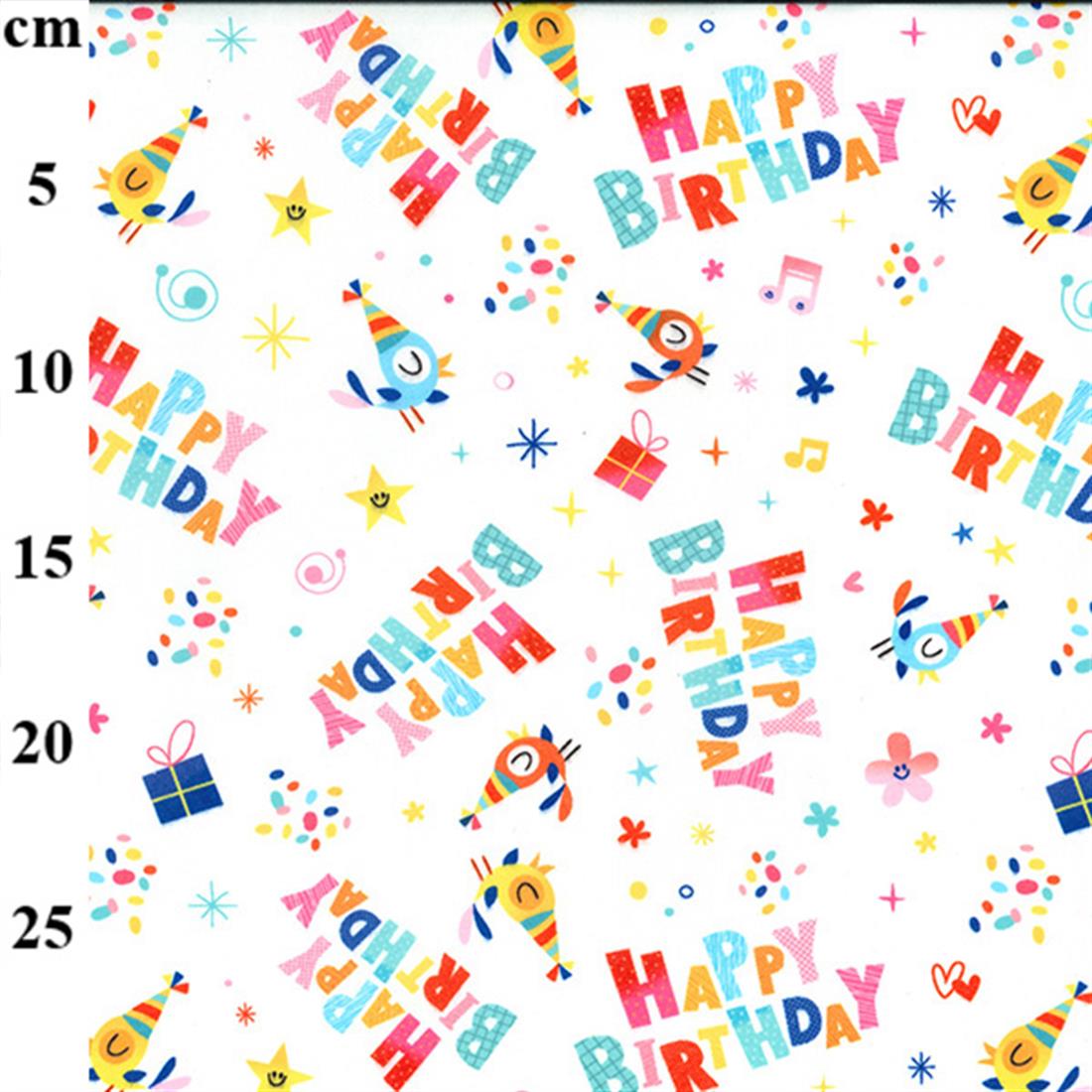White Happy Birthday Printed Polycotton Fabric