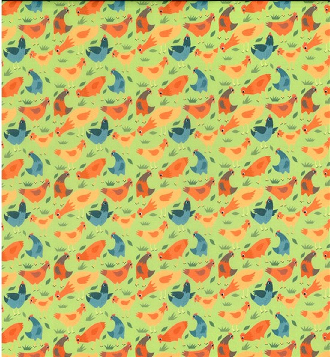 Sea Green Farmyard Chickens Printed Polycotton Fabric