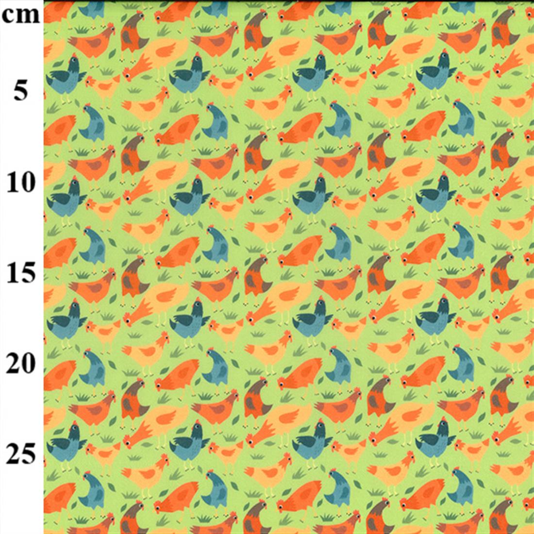 Sea Green Farmyard Chickens Printed Polycotton Fabric