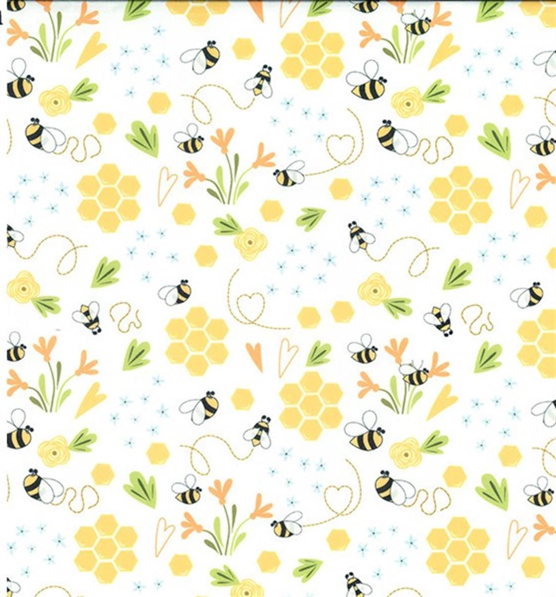 White Bee & Honeycomb Printed Polycotton Fabric