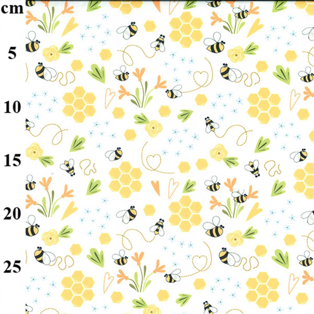 White Bee & Honeycomb Printed Polycotton Fabric