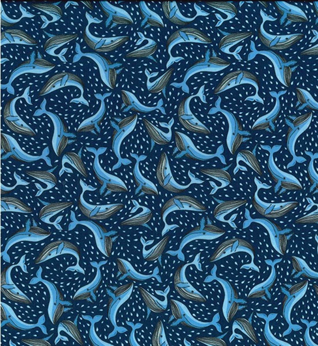 Whales on Navy Printed Polycotton Fabric