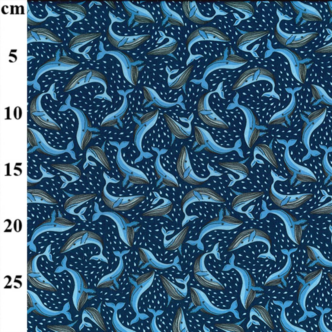 Whales on Navy Printed Polycotton Fabric