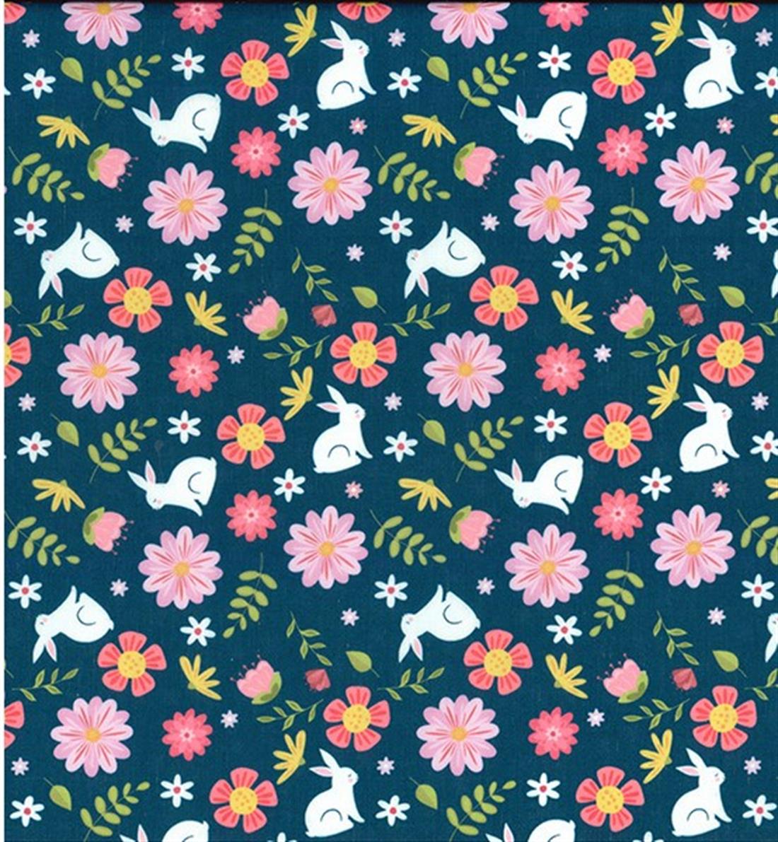 Navy Rabbits & Flowers Printed Polycotton Fabric