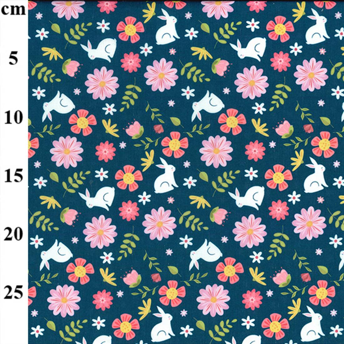 Navy Rabbits & Flowers Printed Polycotton Fabric