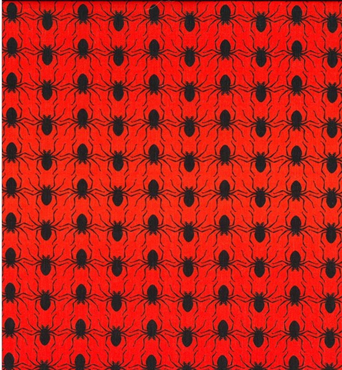 Red & Black Halloween Black Spider Printed Polycotton Fabric