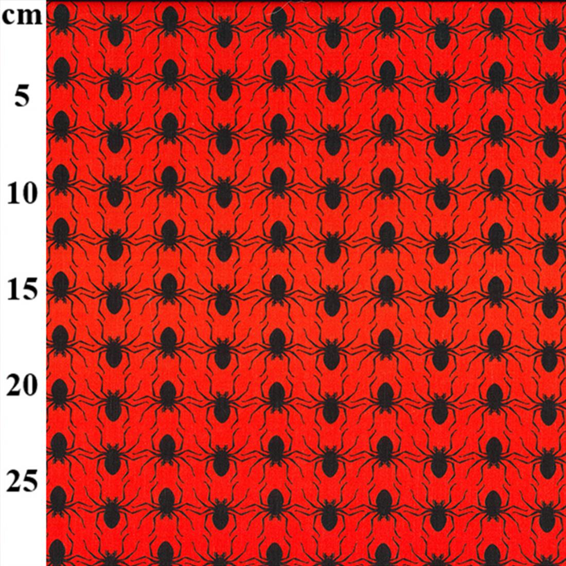 Red & Black Halloween Black Spider Printed Polycotton Fabric
