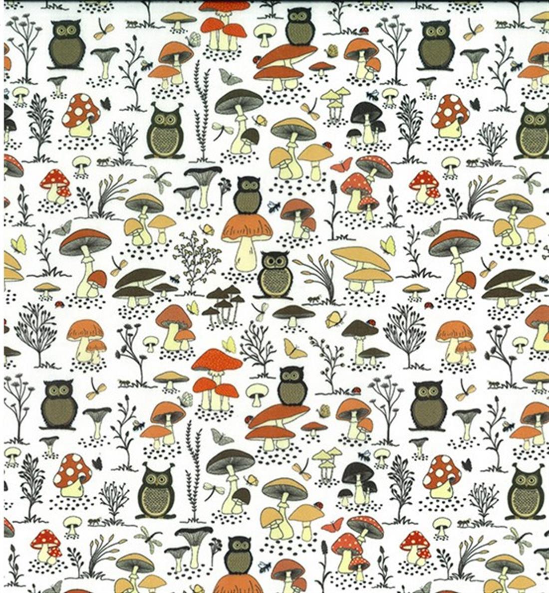 White Owls & Mushrooms Printed Polycotton Fabric