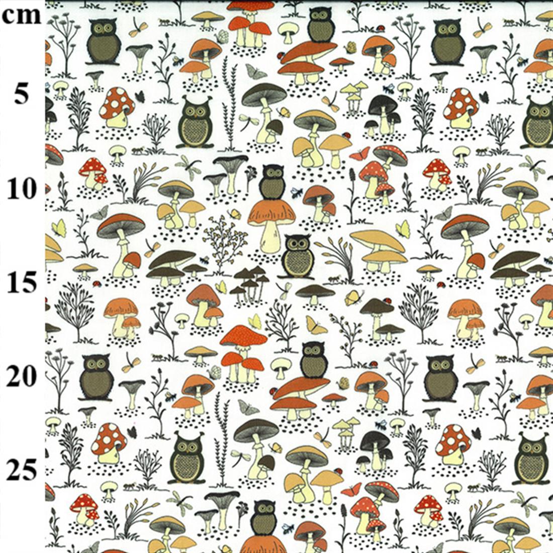 White Owls & Mushrooms Printed Polycotton Fabric