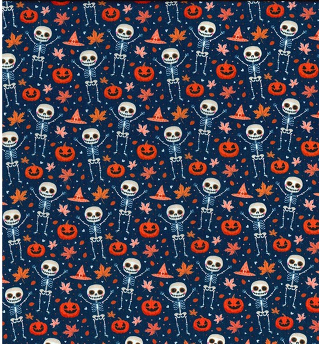 Navy Skeletons & Pumpkins MP Digital Polycotton Rainbow Printed Fabric