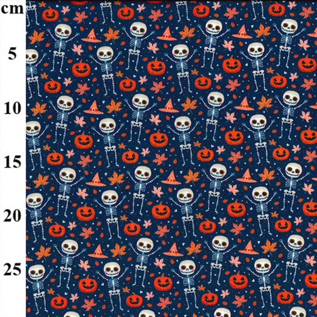 Navy Skeletons & Pumpkins MP Digital Polycotton Rainbow Printed Fabric
