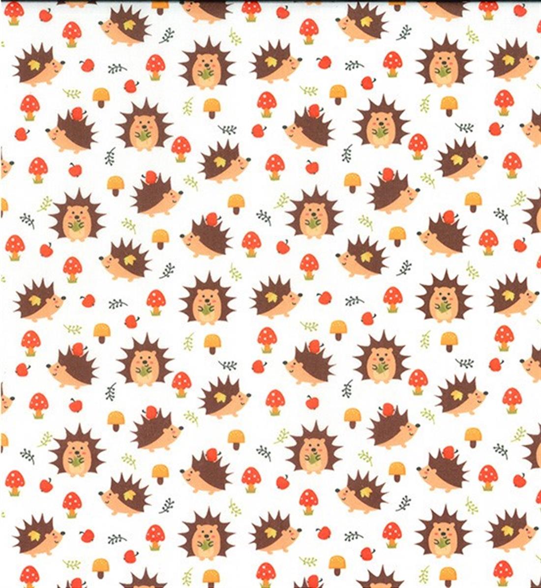 White Baby Hedgehogs Printed Polycotton Fabric