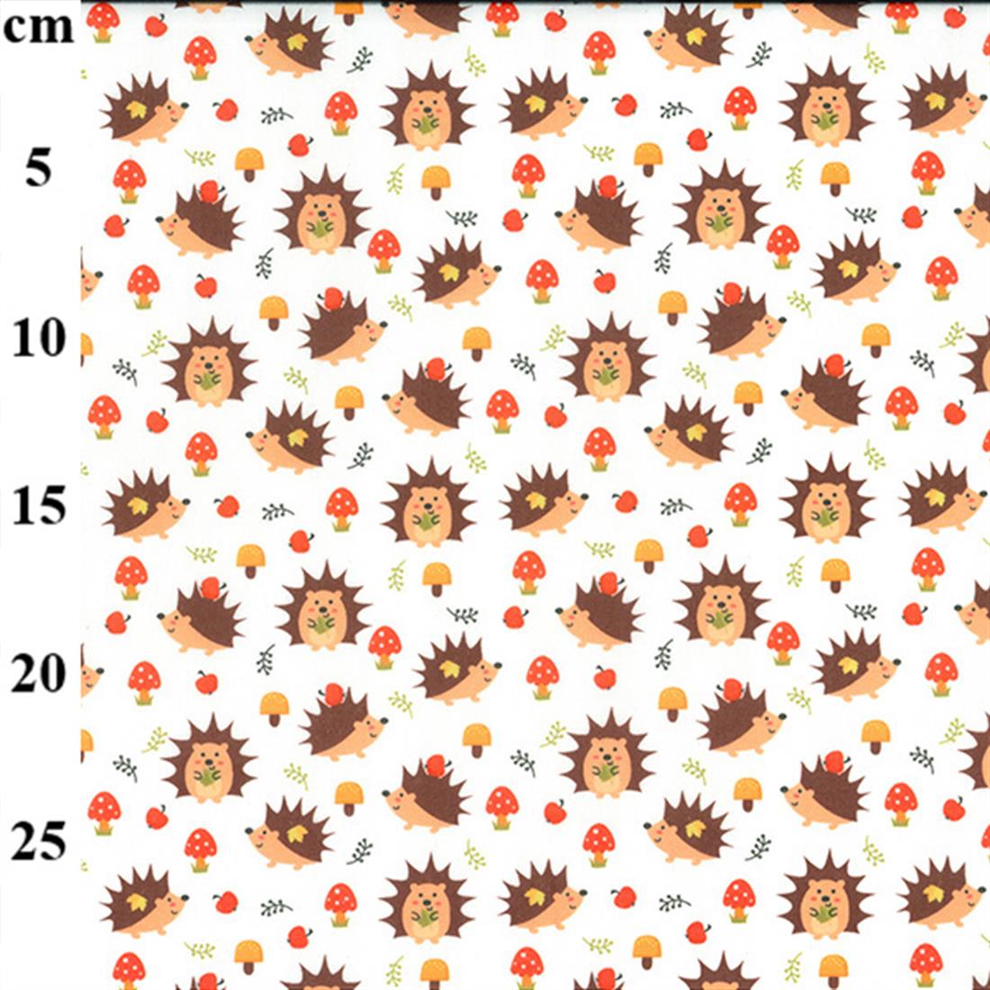 White Baby Hedgehogs Printed Polycotton Fabric