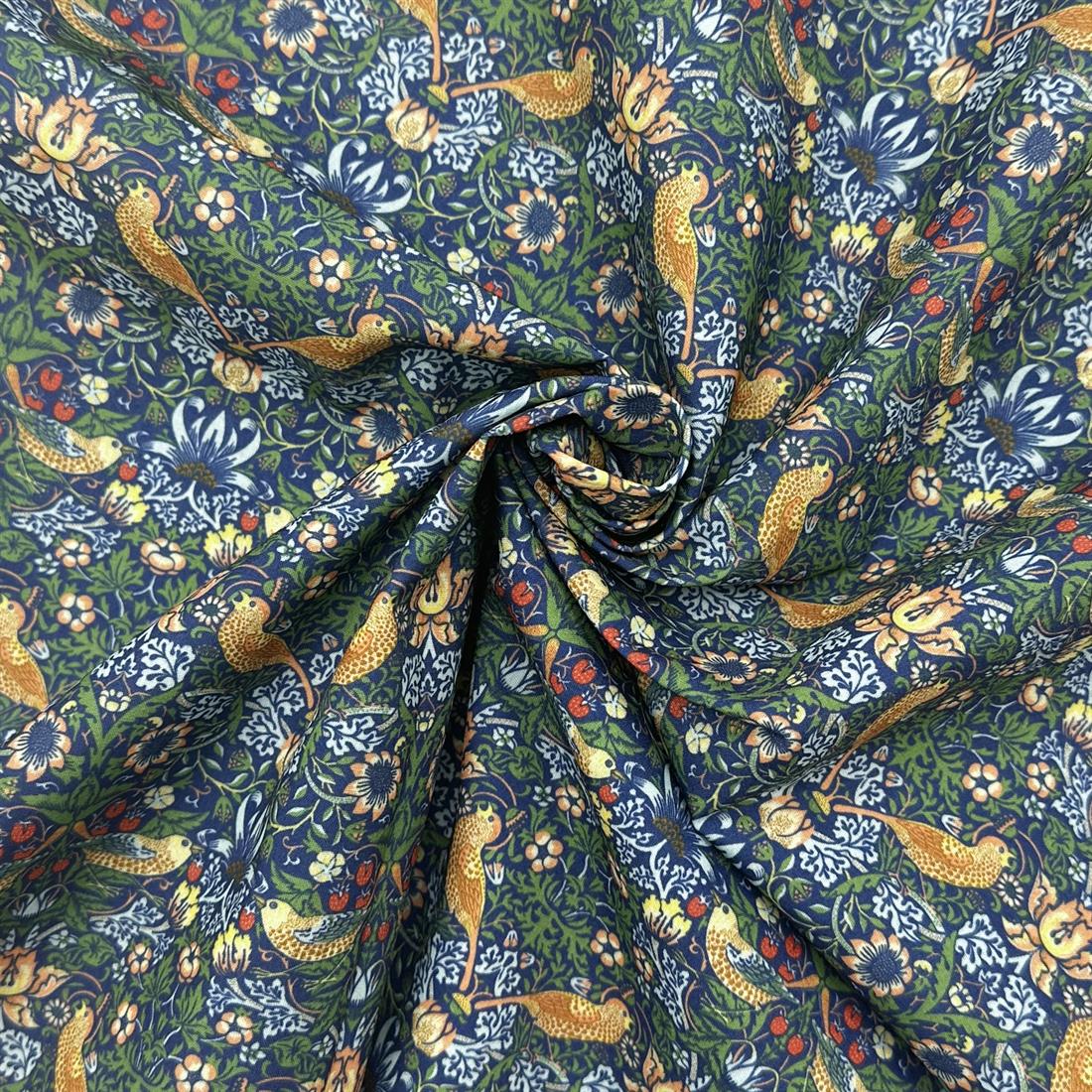 Green Strawberry Thief Blue Printed Polycotton Fabric