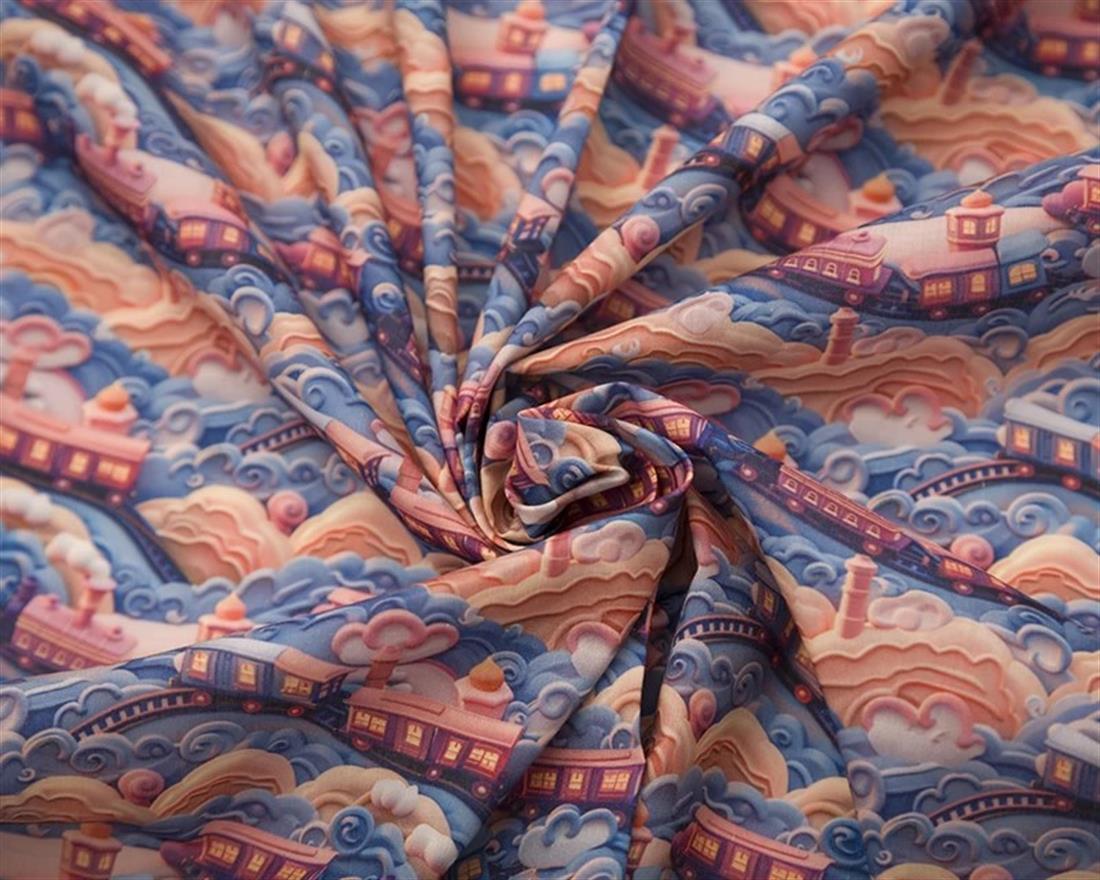 Blue MP Digital Polycotton 3D Trains Printed Fabric