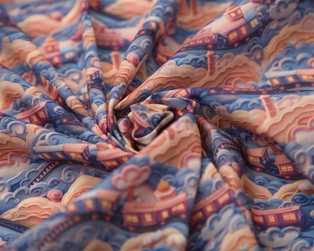 Blue MP Digital Polycotton 3D Trains Printed Fabric