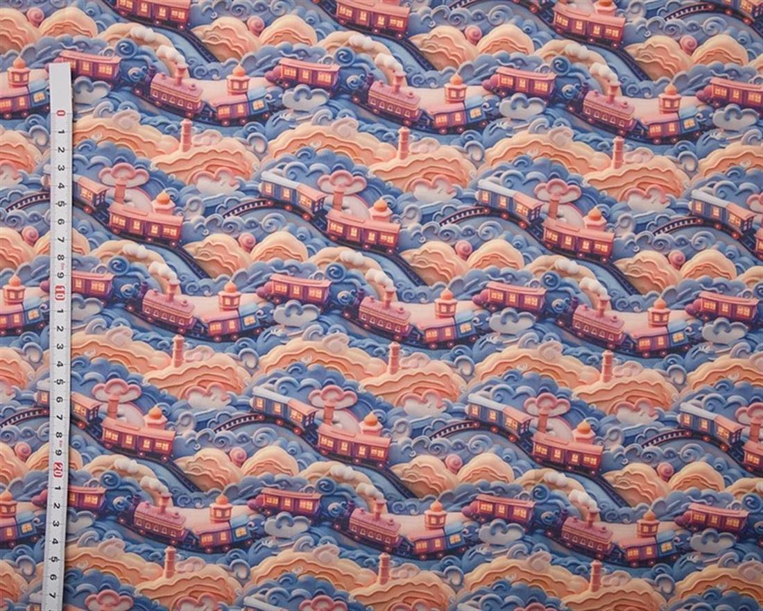 Blue MP Digital Polycotton 3D Trains Printed Fabric