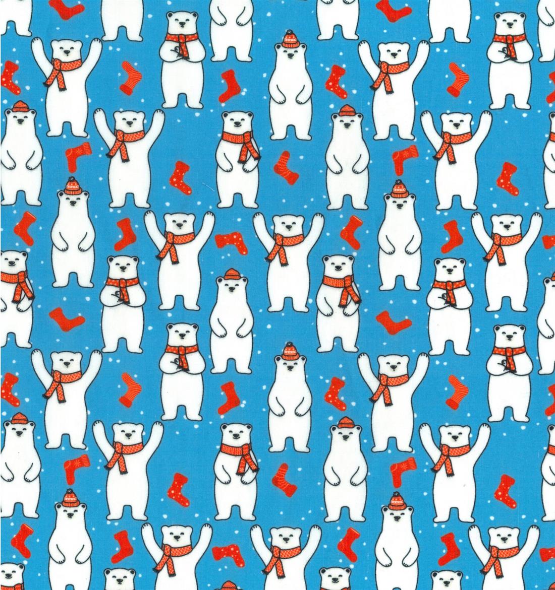 Blue Christmas Festive Polar Bears Printed Polycotton Fabric