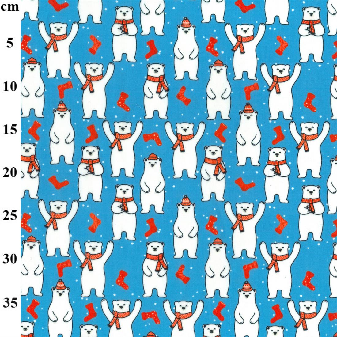 Blue Christmas Festive Polar Bears Printed Polycotton Fabric