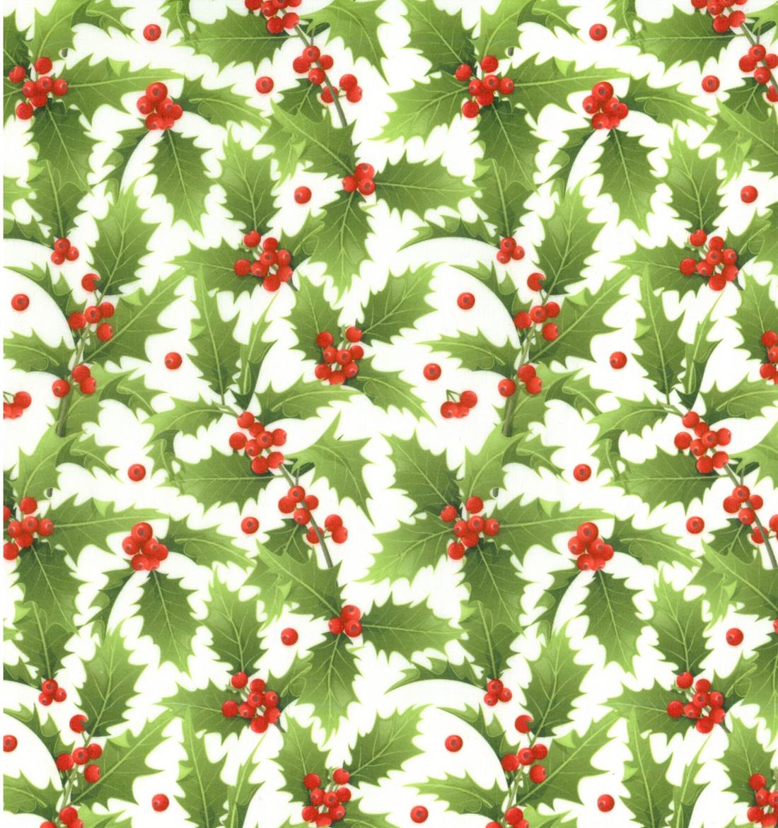 White & Green Holly Berries Printed Polycotton Fabric