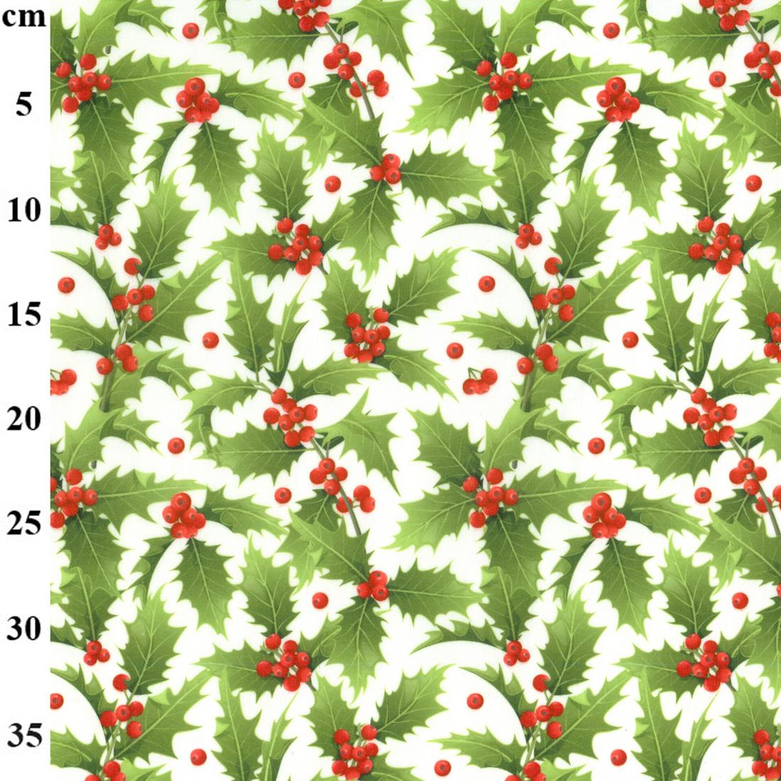 White & Green Holly Berries Printed Polycotton Fabric
