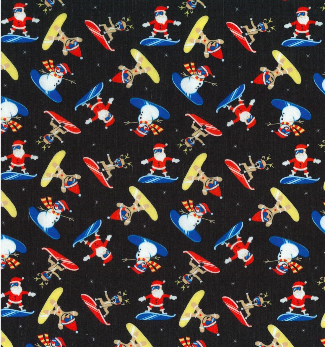 Black Surfing Santa & Friends Printed Polycotton Fabric